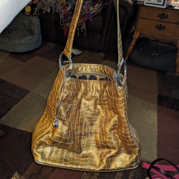Vintage BRIGHTON Gold Shiny Patent Croc-Embossed Leather Slouchy Shoulder Bag - Picture 2 of 13
